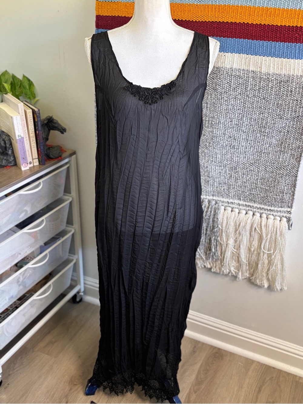Vintage Black Sheer Crinkled Midi Dress with Lace Trim